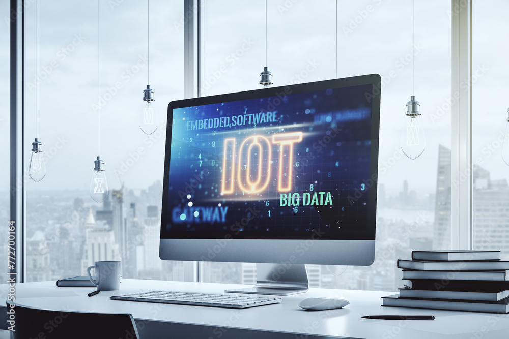Leinwandbilder modern computer monitor with creative iot hologram, research and development concept. 3d rendering