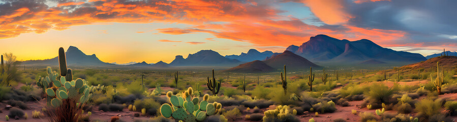 Panoramic view of the Arizona desert with cacti and mountains at sunset, with orange clouds in the...