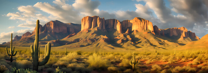 A digital painting of the Superstition Mountains in Arizona, with towering rock formations and cacti under a cloudy sky.