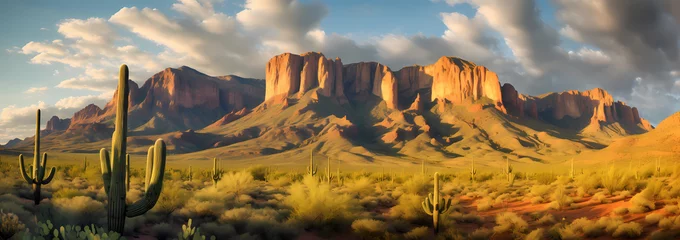 Kussenhoes A digital painting of the Superstition Mountains in Arizona, with towering rock formations and cacti under a cloudy sky. © Moose