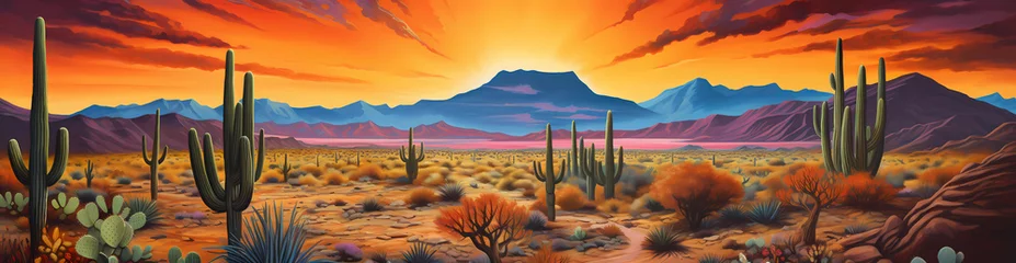Foto auf Leinwand The desert landscape of the Arizona Desert in bright orange and red, with cacti, mountains, and sunset in background © Moose