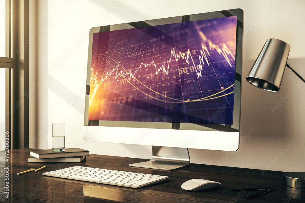 Poster computer monitor with abstract financial graph, finance and trading concept. 3d rendering