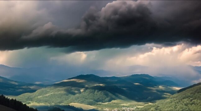 Time lapse storm clouds travel over a hillside and mountains
