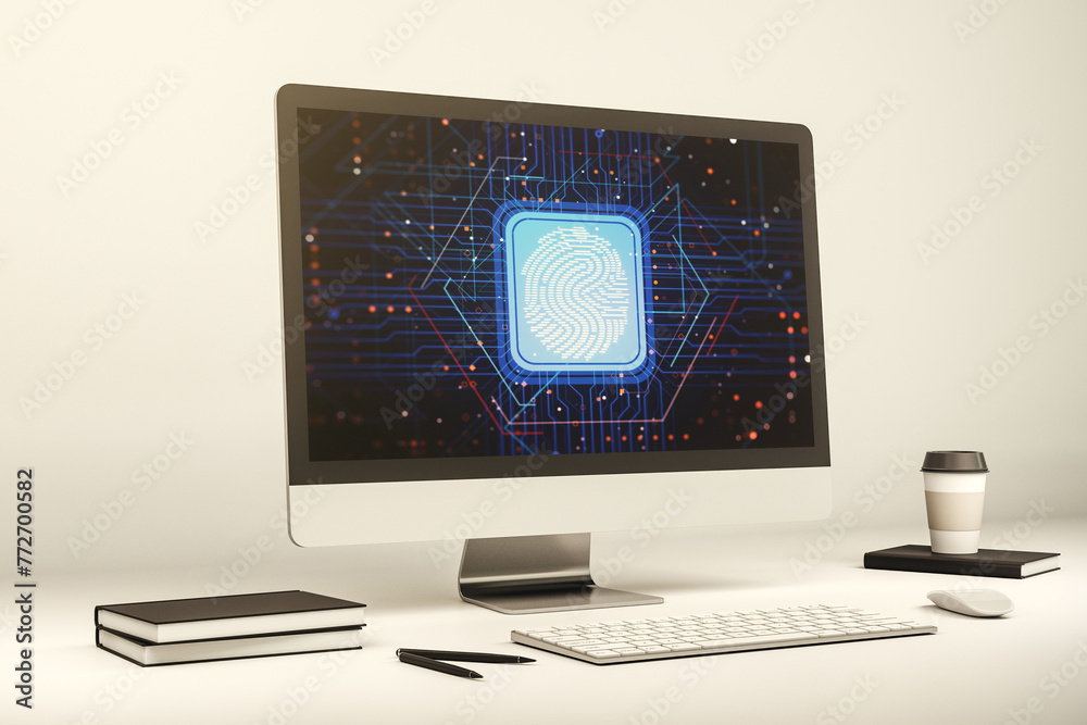 Poster abstract creative fingerprint illustration on modern laptop monitor, digital access concept. 3d rend