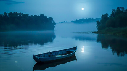 A lone boat drifting along the calm waters of a river guided by the soft moonlight. . .