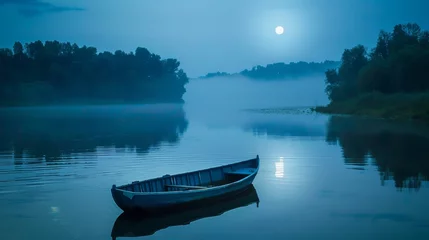 Foto op Canvas A lone boat drifting along the calm waters of a river guided by the soft moonlight. . . © Justlight