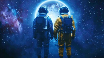 Fototapeta premium Two astronauts one in a blue suit and the other in a yellow suit stand side by side facing the wormhole. Though we cannot see their . .