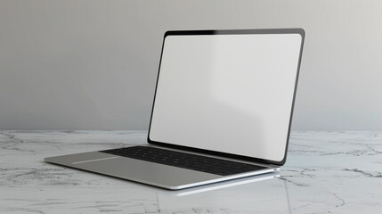 This modern laptop showcases a prominent blank label screen, atop a stylish marble surface, providing a sophisticated backdrop