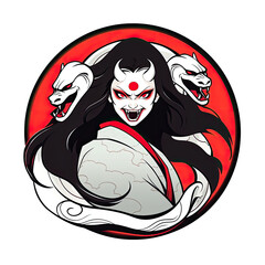 An illustration of a rokurokubi demon looking at the camera within a circle