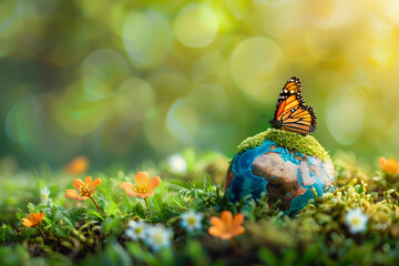 Earth day background with flowers and butterfly. World environment day concept.