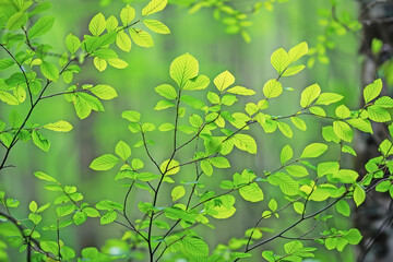 Fototapeta na wymiar The Breath of Spring Captured: Young Leaves' Green Awakening Trees with Vibrant Energy