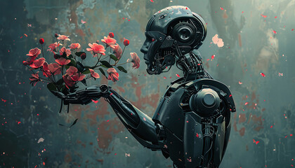 A robot with flowers in his hand