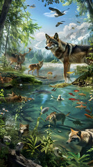 Illustration of a Wolf's Keystone Role in a Biodiverse Ecosystem 