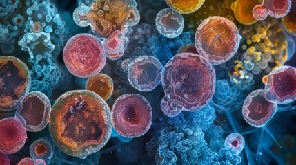 A microscopic view of a colony of algae showcasing a rainbow of pigments including reds browns and blues. - obrazy, fototapety, plakaty