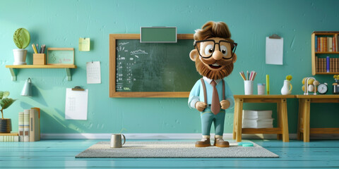 Cartoon teacher giving a lesson in front of a chalkboard in a classroom with desk and bookshelves - obrazy, fototapety, plakaty