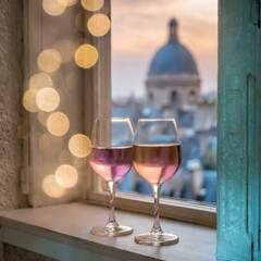 glass of wine on a table - obrazy, fototapety, plakaty