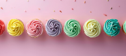 Flat lay of colorful birthday cupcakes on a pastel background, top view