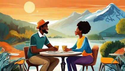 couple sitting on a bench in a cafe