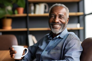 african old man is holding a cup of coffee or tea in the morning at home before starting work