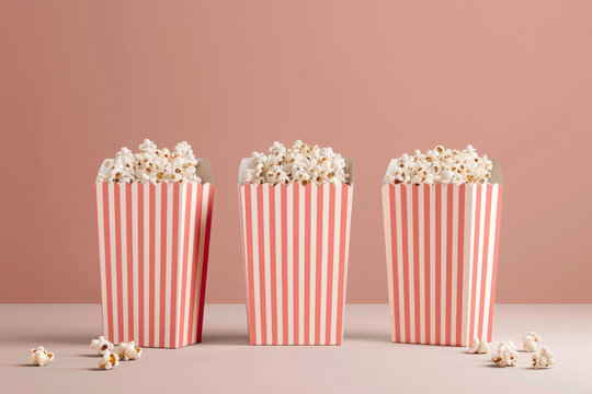 Pink striped popcorn boxes filled with fluffy popcorn on a subtle background, featuring a blank label area