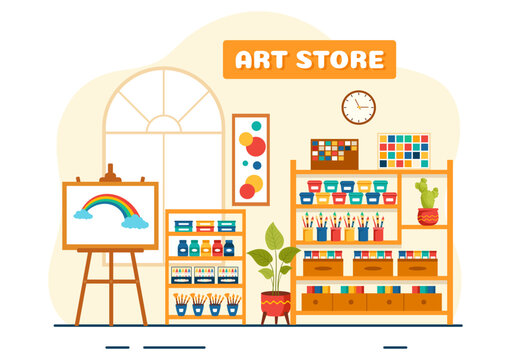 Art Store Vector Illustration with Painting Supplies Store Accessories and Tools for Drawing, Artists and Designers on Flat Cartoon Background