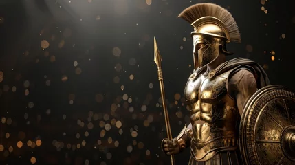 Fotobehang Spartan king demigod, clad in golden armor, wields spear and shield with battle-worn grunge backdrop © charunwit