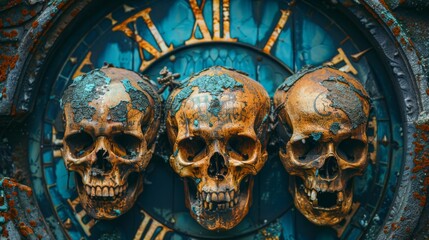 Skulls whispering secrets around an ancient clock, horror and panic intertwining with each tick