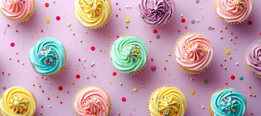 Flat lay of colorful pastel birthday cupcakes on a pastel background