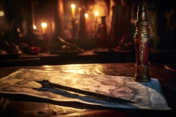 Sword and pirate map on a wooden table with bokeh lights in a tavern. - obrazy, fototapety, plakaty