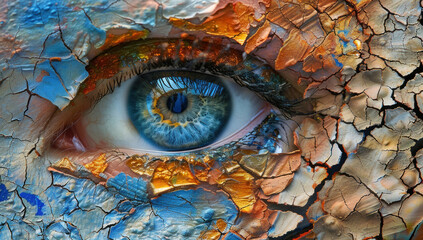 Macro photo of blue eye with cracked surface resembling a broken wall