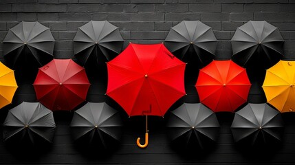 A red umbrella among a crowd of black umbrellas, Concept of success