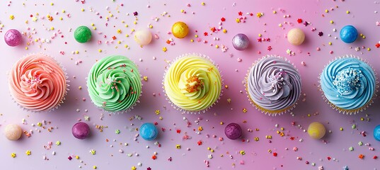 Flat lay of colorful pastel birthday cupcakes, pastel background
