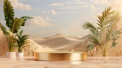 Golden Podium with Tropical Plants in a Desert Landscape - obrazy, fototapety, plakaty