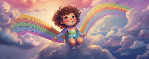 Happy child on sky playing with joy on colorful rainbow in the sky. World Children's Day. Shelter for children concept. Kid banner, birthday greeting card, template with copy space - obrazy, fototapety, plakaty