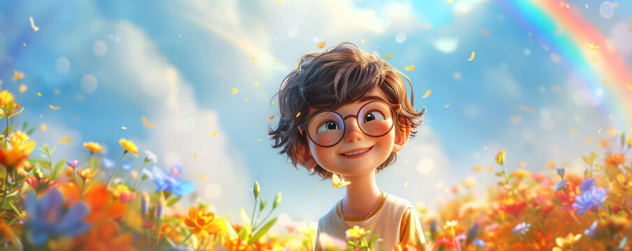 Smiling kid looking at colorful rainbow. Magic beautiful spring or summer day. Autism Awareness Day. LGBTQ family child. Pride day, LGBT family - Powered by Adobe