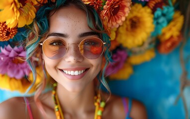 A beautiful smiling, happy playful woman with colorful hair and sunglasses, vibrant colors, colorful background, portrait photography, flowers, spring time banner
