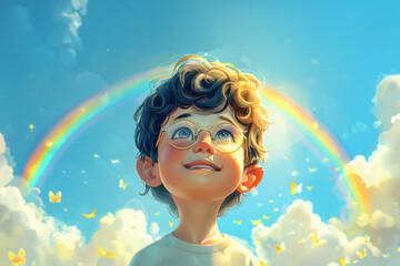 Smiling kid looking at colorful rainbow. Magic beautiful spring or summer day. Autism Awareness Day. LGBTQ family child. Pride day, LGBT family