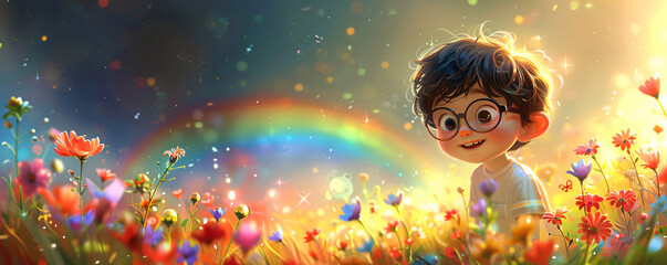 Smiling kid looking at colorful rainbow. Magic beautiful spring or summer day. Autism Awareness Day. LGBTQ family child. Pride day, LGBT family