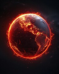 3D digital globe, glowing red, vibrant energy planet, stark black background