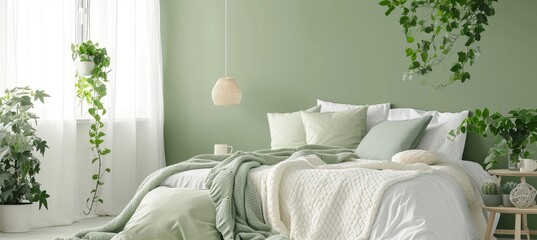 Green cozy bedroom interior, clean white and green pillows and blankets