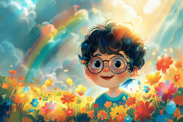 Smiling kid looking at colorful rainbow. Magic beautiful spring or summer day. Autism Awareness Day. LGBTQ family child. Pride day, LGBT family