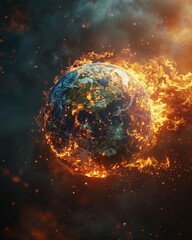Earth globe collapsing, engulfed in flames, global warming visual