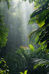 Heavy rain in a tropical rainforest - obrazy, fototapety, plakaty