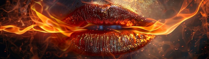 Fiery lipstick, flames licking, intense 3D closeup, isolated on dark - obrazy, fototapety, plakaty
