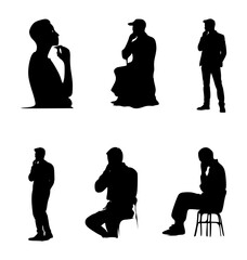set of silhouettes of thinking people on isolated background