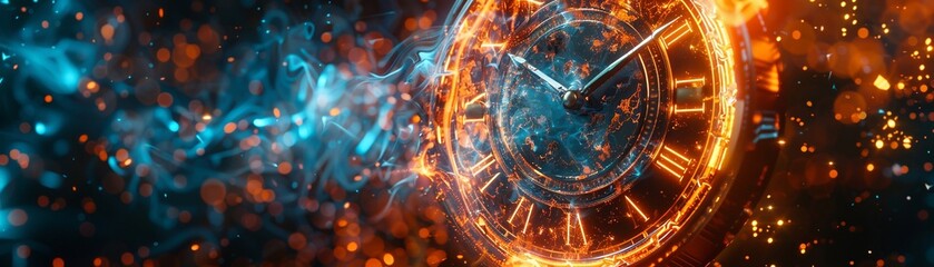 HUD screen with burning clock and time bomb, icy and fiery effects - obrazy, fototapety, plakaty
