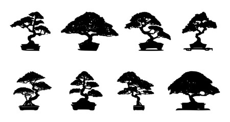 set of bonsai silhouettes on isolated background