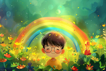 Smiling kid looking at colorful rainbow. Magic beautiful spring or summer day. Autism Awareness Day. LGBTQ family child. Pride day, LGBT family