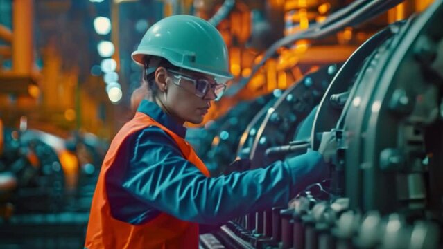 Female petroleum engineer inspects a crude oil drilling rig and an industrial pipeline in a large factory behind an upstream subsea crude oil and gas production facility.