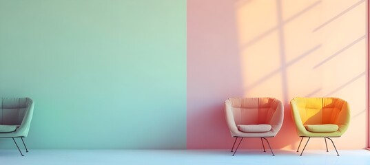 Minimalist interior with pink and blue wall, soft armchairs, cute cozy interior composition